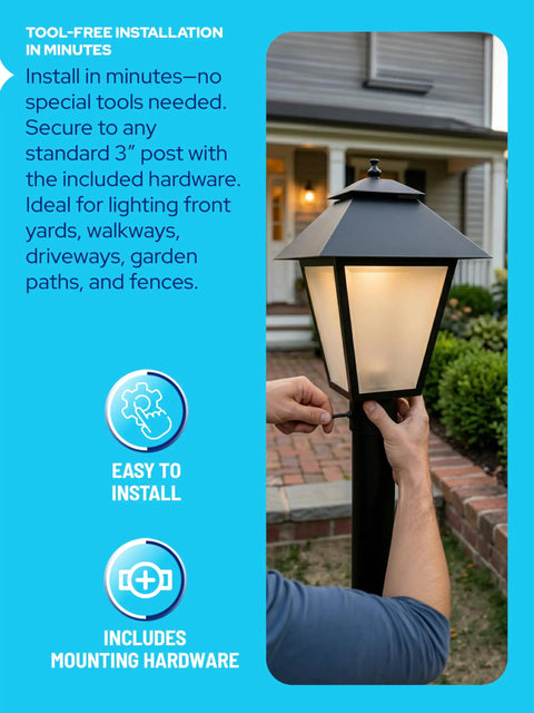 Person installing Outdoor Post Light Fixture Fits 3 Inch Lamp Posts With E26 Base Waterproof Lantern Anti Rust Durable Yard Pathway Driveway Patio Deck Fence Street Lighting No Fuss Easy Install Matte Black Or White Finish on a 3-inch post.