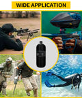 Collage showing 4500 Psi Carbon Fiber Air Tank 2L With Regulator Gauge For PCP Paintball Fill Station Scuba Tank High Pressure Tank For PCP Games And Paintball Fans Worldwide in use.