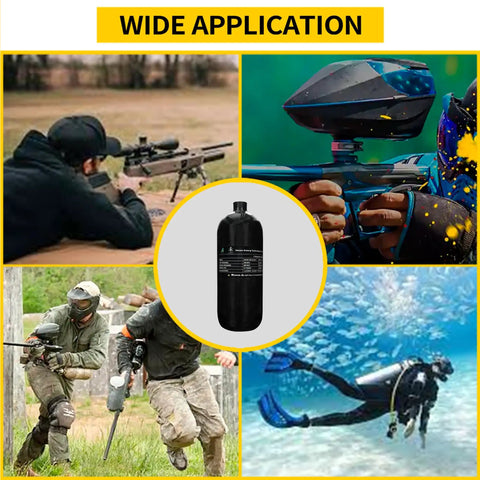 Collage showing 4500 Psi Carbon Fiber Air Tank 2L With Regulator Gauge For PCP Paintball Fill Station Scuba Tank High Pressure Tank For PCP Games And Paintball Fans Worldwide in use.