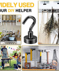Heavy Duty Magnetic Hooks for Fridge and Grill in use for kitchen tools, hanging herbs, outdoor barbecue, and workshop tools.
