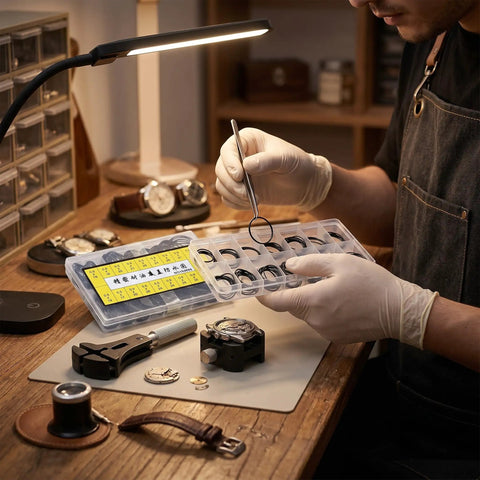 Person using Watch O Ring Gasket Set With 18 Types Of Rubber Sealing Rings For Back Cover Repair Includes 0.5mm And 0.6mm Sizes