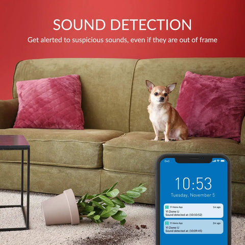 Two Pack 1080P Pet Security Camera Set With 360 Degree Indoor Dome IP Cams Night Vision 2 Way Audio Motion Alerts Phone App Control Works With Alexa And Google Assistant monitoring sound detection with phone app notification on screen, couch, dog.
