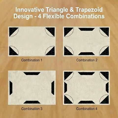 Rug Corner Grippers 12 Pack With Triangle And Trapezoid Designs, showing 4 combination methods for non-slip carpet tape use.