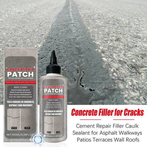 Concrete Crack Filler And Sealant For Driveways And Patios No Mess Waterproof Joint Repair With High Elasticity Expansion Formula 100ml shown on pavement with visible crack repair results.