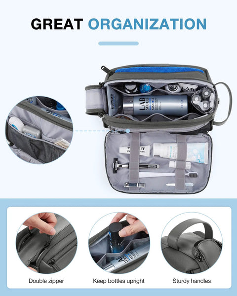 Open large travel toiletry organizer for men with water resistant PU leather trim, showcasing spacious compartments and grooming essentials.