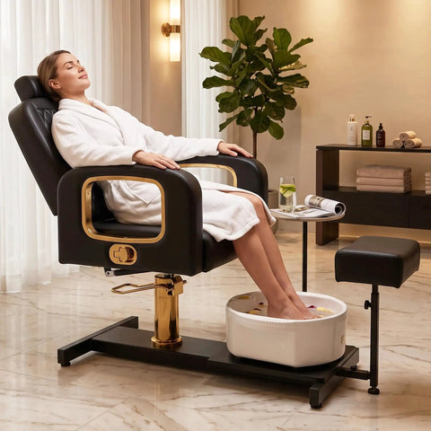 Pro Grade Hydraulic Pedicure Station For Nail Techs With Roomy Removable Foot Tub Featuring Triple Vibration Soaking Modes For Zero Hassle Plug And Play Setup Without Any Plumbing Required In Sleek Black Finish with client relaxing.
