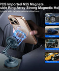 Rock Solid All Metal Alloy Long Arm Magnetic Car Phone Mount With Premium Navy Blue Finish and Heavy Duty Suction Base demonstrating strong magnetic hold.