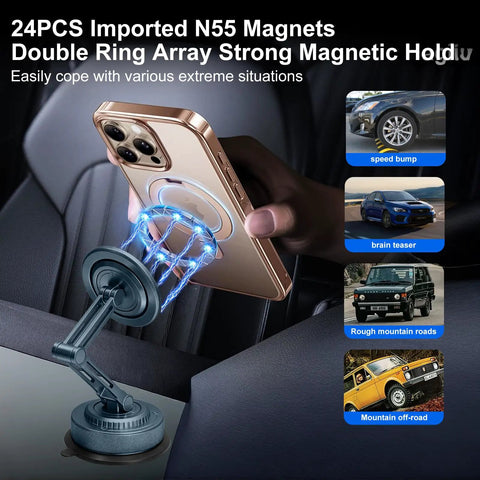 Rock Solid All Metal Alloy Long Arm Magnetic Car Phone Mount With Premium Navy Blue Finish and Heavy Duty Suction Base demonstrating strong magnetic hold.