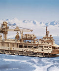 Research Vessel 3D Wooden Puzzle Kit For Adults, Mechanical Ship Model With Bathyscaphe, Motorboat, Lifeboat, Swing Jib Crane, And Three Navigation Modes - Brain Teaser Hobby Set For Home Decor And Hands-On STEM Fun. Wooden research vessel model on icy backdrop