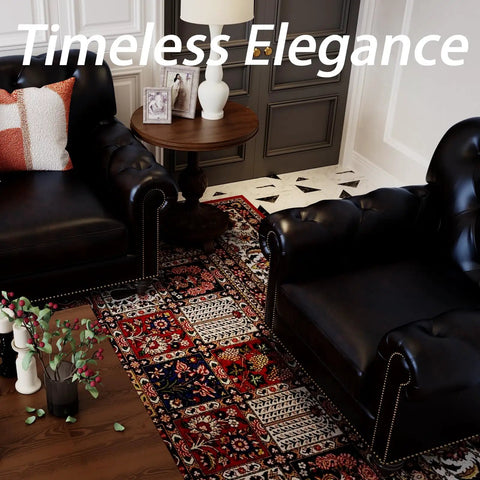 Top Shelf Antique Brass Daisy Upholstery Tacks 7/16 Inch 120 Pack displayed in an elegant living room with black leather sofas.