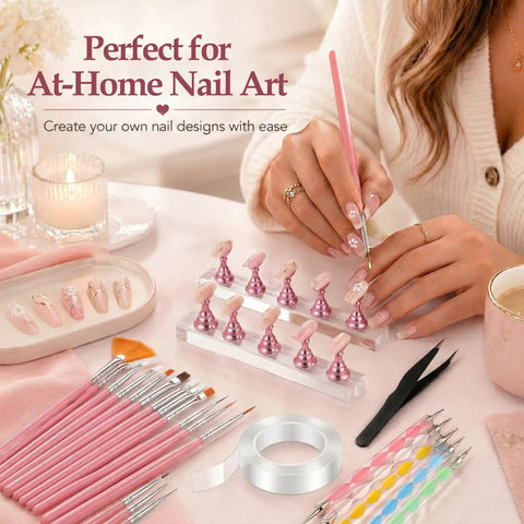 Beginner Home DIY Press On Nail Kit With 15 Nail Art Brushes 5 Dotting Pens Nail Stand Double Sided Tape And All In One Nail Tech Tools