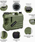 Portable Camping Shower With Built-In Water Jug And Pump, Spill-Resistant Electric Outdoor Shower showing 5-Gallon Food-Grade Water Tank features.