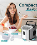 Beast Portable Ice Maker For Home Kitchen Camping And RV With Carry Handle next to smiling woman and ice scoop on table