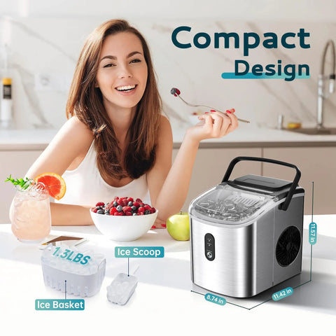 Beast Portable Ice Maker For Home Kitchen Camping And RV With Carry Handle next to smiling woman and ice scoop on table