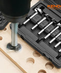 Eight Piece Forstner Bit Set Made From Alloy Steel For Woodworking With Round Shank Pro Grade Ultra Sharp Teeth in use on wood