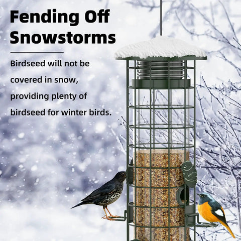 Gravity Fed Squirrel Proof Bird Feeder for Outdoors Easy Hangin with Metal Mesh Design large 3lb capacity green snow background
