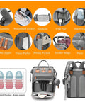 Waterproof Diaper Backpack With Changing Station And USB Charging Port shown with pockets and accessories in gray.