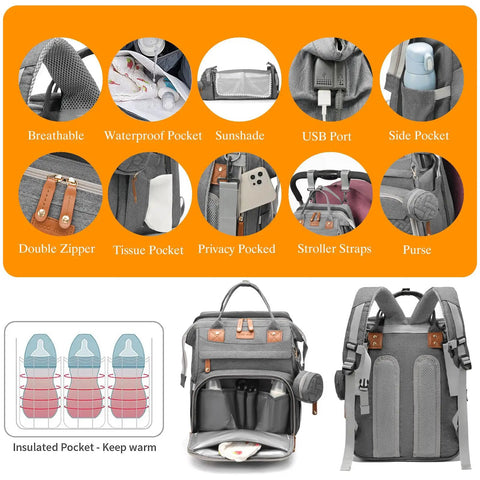 Waterproof Diaper Backpack With Changing Station And USB Charging Port shown with pockets and accessories in gray.