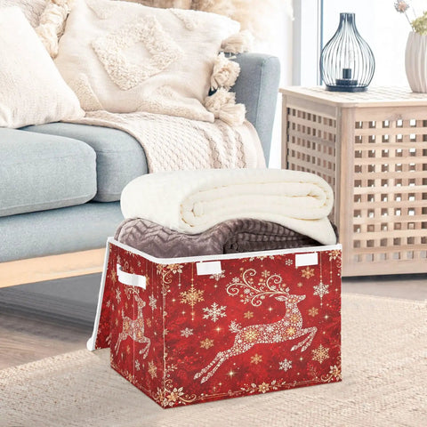 Straight Up Premium Reindeer Collapsible Storage Bins With Lids, Heavy Duty Fabric Organizers For Clothes, Stackable Soft Containers With Grip Handles To Keep Your Seasonal Stash Sorted, large red bin with blankets.