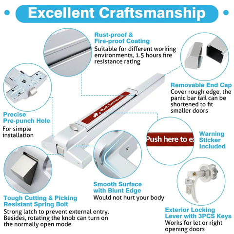 Beefy Industrial Grade Commercial Door Push Bar Panic Exit Device With Exterior Lever Twenty Seven And A Half Inch Stainless Steel Panic Bar For Exit Doors showing features and components