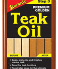 Hella Smooth Golden Teak Oil And Wood Finish For Outside Furniture And Boat Decks With Uv Guard Tung Blend And Quick Dry Action For A Zero Fuss Rich Shine In 16 Oz Package in a clear plastic bottle.