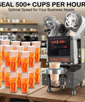 Rock Solid Fully Automatic Cup Sealer, Heavy Duty 90 To 95 Mm Electric Boba Tea Sealing Machine sealing multiple cups with drinks.