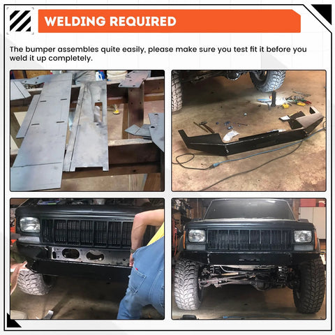 ECOTRIC front bumper bare-metal kit parts and a black bumper; Jeep Cherokee XJ front-end upgrade (4-image collage).