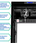 Heavy Duty 42U Black Server Rack Cabinet With Slick Rolling Wheels And Built In Cooling Fans Plus Smart Power Panel showing LCD, fans, PDU.
