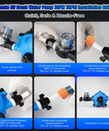 12V RV Fresh Water Pump With 7 GPM At 70 PSI installation steps, including strainer tightening and hose connection for marine systems