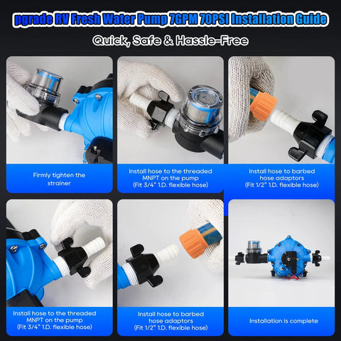 12V RV Fresh Water Pump With 7 GPM At 70 PSI installation steps, including strainer tightening and hose connection for marine systems