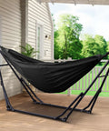 2 In 1 Hammock And Swing Chair With Foldable Stand Dope Portable Camping Gear for patio use, black fabric, metal frame.