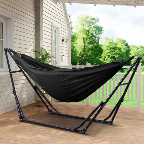 2 In 1 Hammock And Swing Chair With Foldable Stand Dope Portable Camping Gear for patio use, black fabric, metal frame.