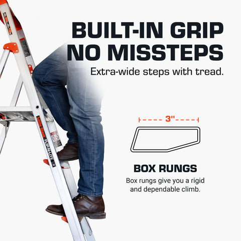 Flip N Lite 6 Foot Aluminum Stepladder With Full Size Standing Platform And Easy Release Handle For Quick Setup No Pinching And Lightweight Home And Job Site Ladder For Reaching High Areas, side view with user on 3-inch steps
