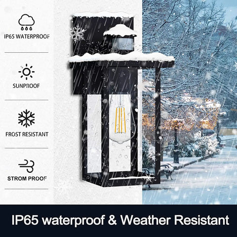 Motion Sensor Outdoor Porch Light With Dusk To Dawn Auto And Override Modes Black Anti Rust Wall Lamp in snowy weather scene