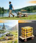 Heavy Duty Five Inch Polyurethane Caster Wheels With Rock Solid Dual Lock Brakes And Slick 360 Degree Swivel rolling on a lawn cart.