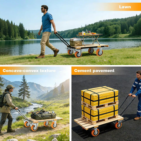 Heavy Duty Five Inch Polyurethane Caster Wheels With Rock Solid Dual Lock Brakes And Slick 360 Degree Swivel rolling on a lawn cart.
