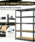 60 Inch High Heavy Duty Metal Garage Shelving Unit With 2400 Lbs Total Capacity, 480 Lbs Per Shelf, Adjustable Overlap Design For Home Garage Warehouse Shop Storage Black, boltless assembly