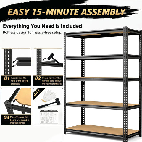 60 Inch High Heavy Duty Metal Garage Shelving Unit With 2400 Lbs Total Capacity, 480 Lbs Per Shelf, Adjustable Overlap Design For Home Garage Warehouse Shop Storage Black, boltless assembly