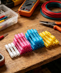 Hella Tough Heat Shrink Butt Connectors 700 Piece Kit Solid Copper Wire Crimp Terminals 26 To 10 Awg assorted colors on a workbench.