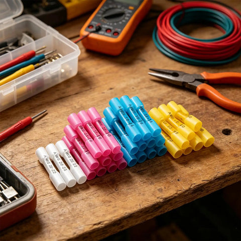Hella Tough Heat Shrink Butt Connectors 700 Piece Kit Solid Copper Wire Crimp Terminals 26 To 10 Awg assorted colors on a workbench.
