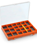 Two Sided Magnetic Tackle Box With Eight Large Compartments And Thirty Six Small Compartments Two Magnetic Pens For Easy Jig And Lure Grab And Go Pickup Compact 5.75 Inch Long By 4.25 Inch Wide By 0.75 Inch Deep Ideal For Jigs Hooks And Swivels shown open with pen inside