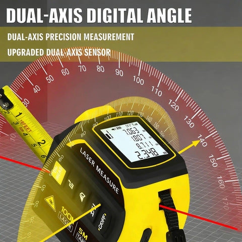 Straight Up Heavy Duty 4 In 1 Laser Tape Measure Boasting 328 Foot Range And 16 Foot Steel Backup with dual-axis angle display.