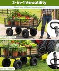 Heavy Duty Metal Garden Cart With 880 LB Load Capacity showing versatility with mesh sides, 180 degree rotating handle, and 10 inch tires