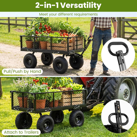Heavy Duty Metal Garden Cart With 880 LB Load Capacity showing versatility with mesh sides, 180 degree rotating handle, and 10 inch tires