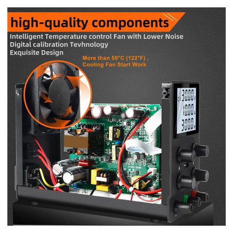 Variable DC Power Supply 30V 10A Lab Bench Power Source with internal components and fan, display at 30V, 10A for electronics work.