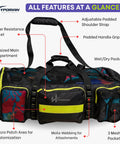 Premium Scuba Mesh Gear Bag for Big Gear featuring adjustable shoulder straps, wet/dry pocket, and padded handle grip.