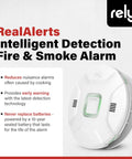 10 Year Sealed Battery Smoke Alarm With RealAlerts Voice Guidance And Led Status Ring For Clear Fire Protection And Low False Alarms In Every Room At A Glance For Whole Home Peace Of Mind side view with features text.