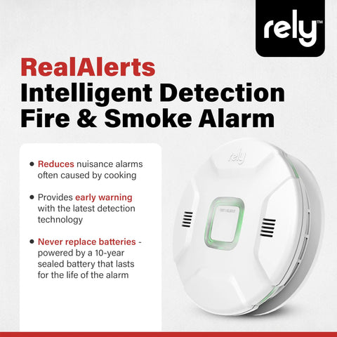 10 Year Sealed Battery Smoke Alarm With RealAlerts Voice Guidance And Led Status Ring For Clear Fire Protection And Low False Alarms In Every Room At A Glance For Whole Home Peace Of Mind side view with features text.