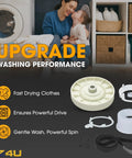 Beefed Up All In One Washer Pulley Clutch Kit With 21 Inch Drive Belt Replacement for Whirlpool and more, showcasing kit parts.