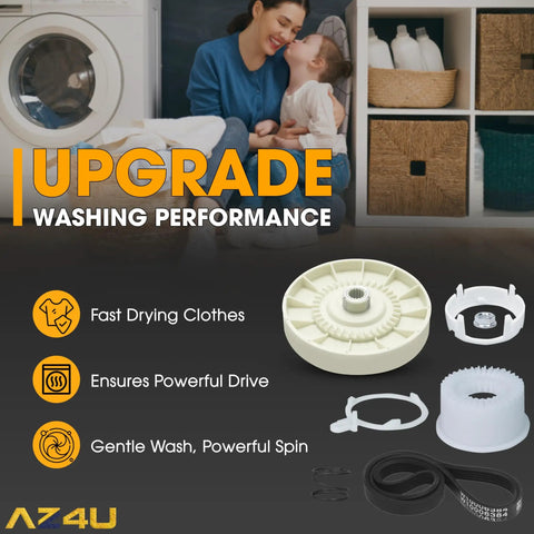 Beefed Up All In One Washer Pulley Clutch Kit With 21 Inch Drive Belt Replacement for Whirlpool and more, showcasing kit parts.